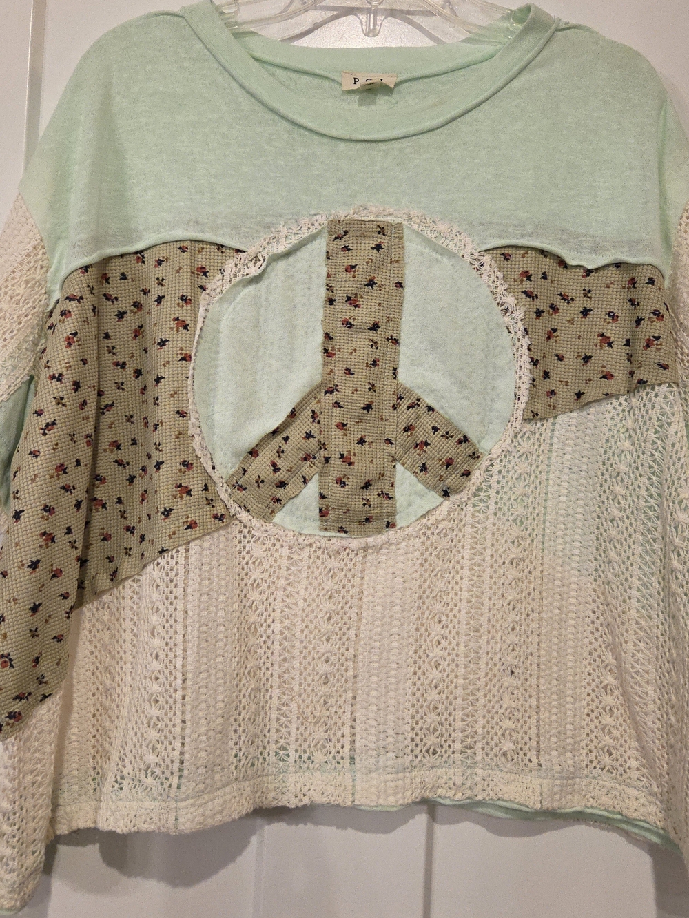 98. POL Mint & Cream Peace Patch Crochet Pullover